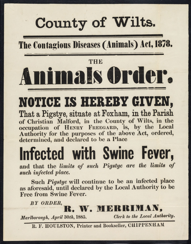Plakat betitelt "Der Landkreis Wilts, das Tierseuchengesetz von 1878" mit einer Ankündigung über Schweinepest.