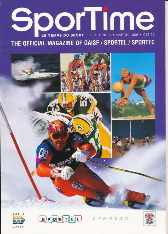 Titelbild des *Sporttime Magazin* aus März 1996, das Bilder von Skifahren und Snowboarden neben Text und Logos zeigt.