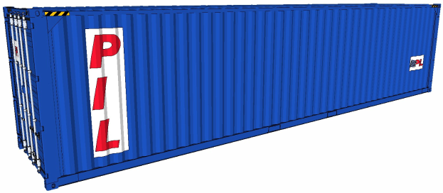 Blauer Seecontainer mit 'PL'-Text auf weißem Hintergrund.