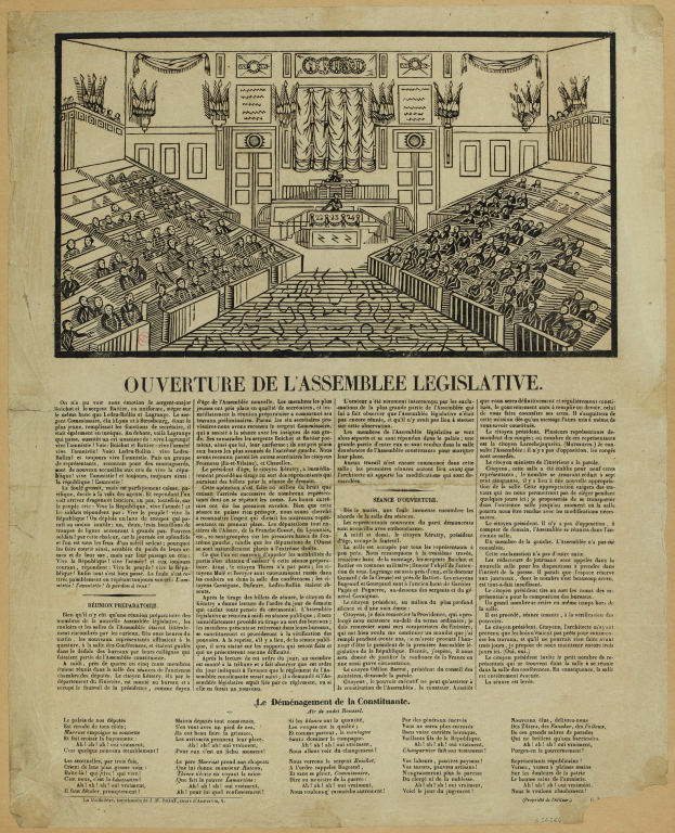 Schwarz-weiß-Illustration eines mit sitzenden Personen gefüllten Gesetzgebungsraum, auf altem Zeitungsdruck.