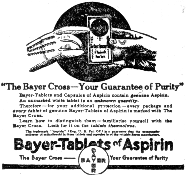 Schwarz-weißes Plakat mit einer Hand, die eine Bayer-Tablette Aspirin hält, und dem Text "Das Bayer-Kreuz - Ihre Garantie für Reinheit" darunter.