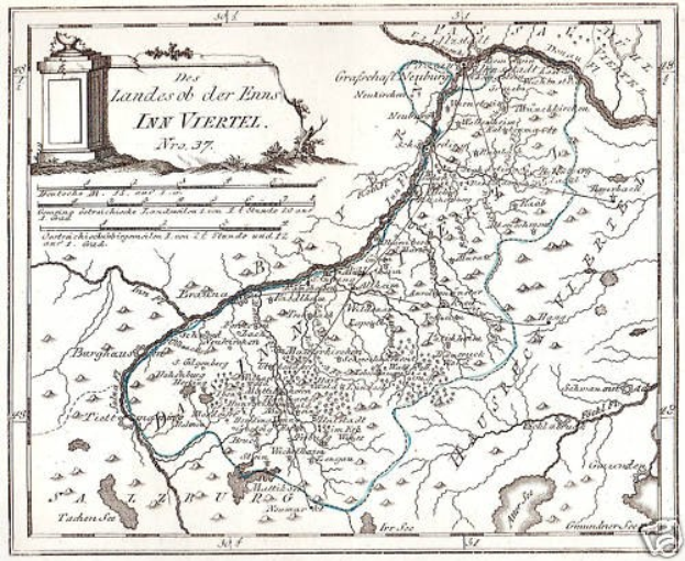 Detailierte Karte des Rheins in Deutschland auf einem Plakat, die seinen gewundenen Verlauf durch die Region mit beschrifteten Landmarken und geografischen Merkmalen zeigt, begleitet von Text und einem Bild einer Säule.