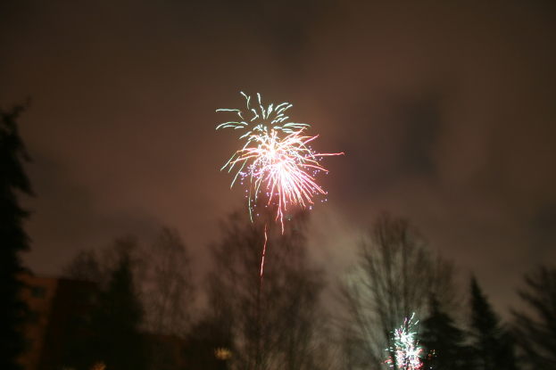 Bäume liegen mit Feuerwerk und Wolken im Hintergrund am Boden.