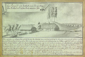 Ein altes Dokument, das einen Hof in einem Feld umgeben von Häusern, Bäumen und Himmel zeigt, mit der Beschriftung "Surgensburg, Deutschland - Landschaft eines Hofes".