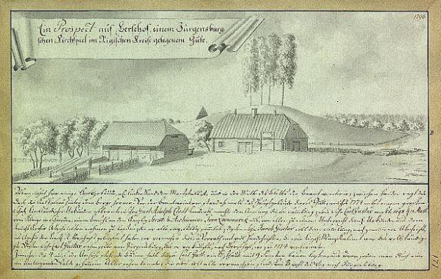Ein altes Dokument, das einen Hof in einem Feld umgeben von Häusern, Bäumen und Himmel zeigt, mit der Beschriftung "Surgensburg, Deutschland - Landschaft eines Hofes".