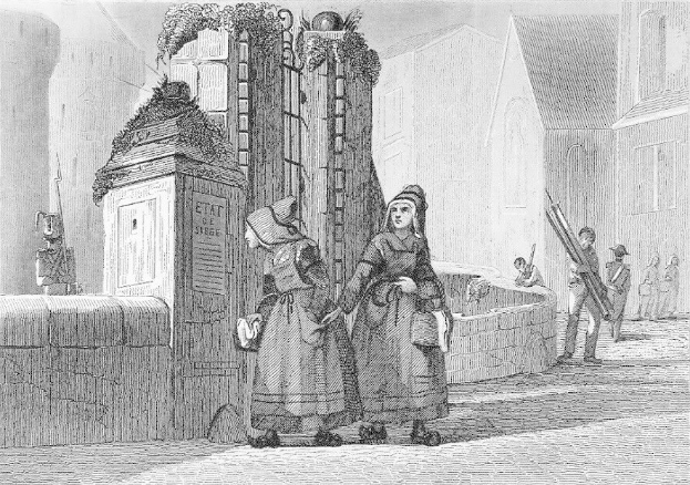 Schwarze und Weiße Gravur von zwei Frauen vor einem Gebäude, mit ein paar anderen Menschen im Hintergrund, betitelt mit "Victorian Women in the City of London".
