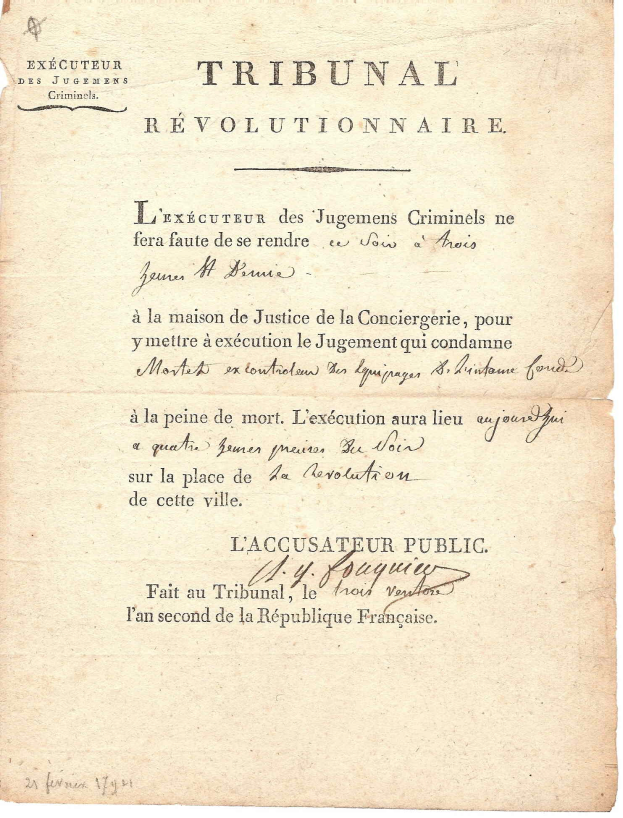 Ein altes, vergilbtes Dokument mit der Überschrift "Tribunal Révolutionnaire" in sauberer, geschwungener Schrift, das die Hinrichtung von Jugemens Criminels in Frankreich beschreibt.