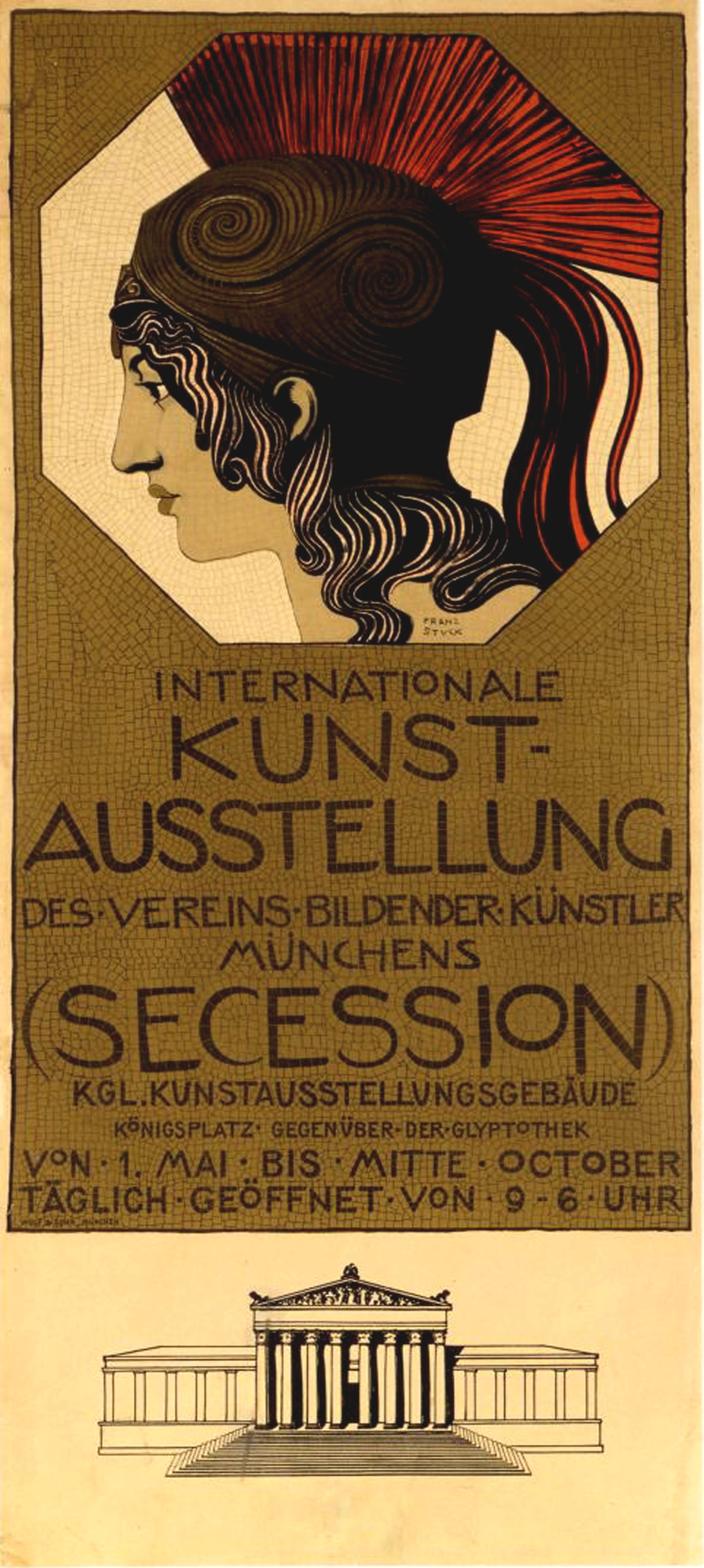 Ein Plakat für die Internationale Kunstausstellung in München, Deutschland, das eine Frau mit einem menschlichen Gesicht in der Mitte zeigt und Text, der Informationen zum Ereignis enthält.