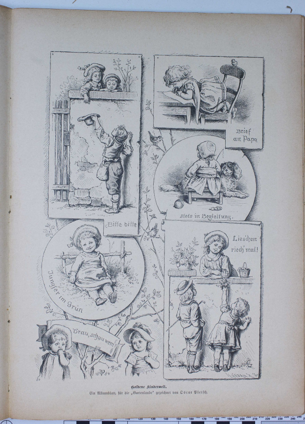 Offenes Buch mit einer bunten Illustration von Kindern, die in einem üppigen Garten spielen, das auf einer flachen Oberfläche liegt.