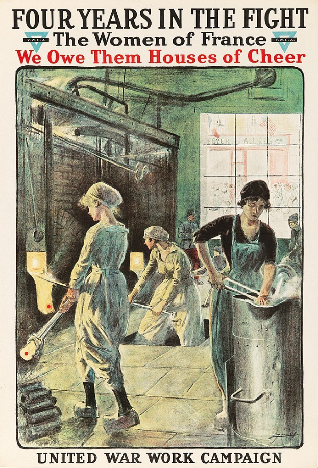 Plakat zeigt vier Frauen in einer Reihe mit entschlossenen Gesichtern, betitelt mit "Wir schulden ihnen Häuser der Freude", symbolisiert ihre Stärke und Widerstandsfähigkeit im Kampf um Frankreich.