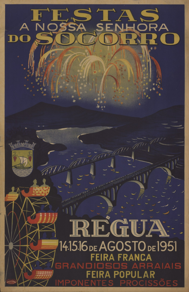 Buntes Festivalplakat in Brasilien mit Brücke über Wasser, Hügel im Hintergrund und Feuerwerk, mit Text.
