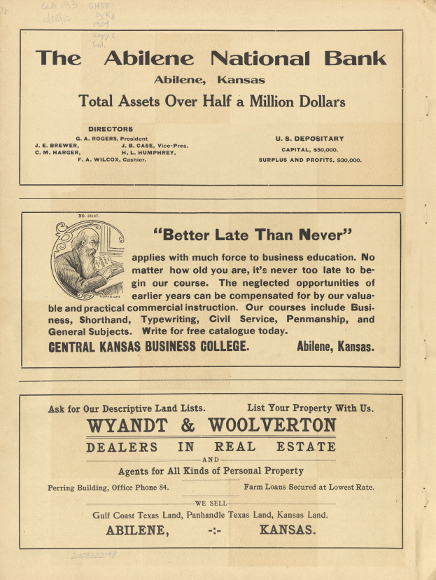 Eine alte Zeitungsanzeige für die Abilene National Bank mit einem zentralen Bild einer Person und Text, der die Dienstleistungen der Bank beschreibt.
