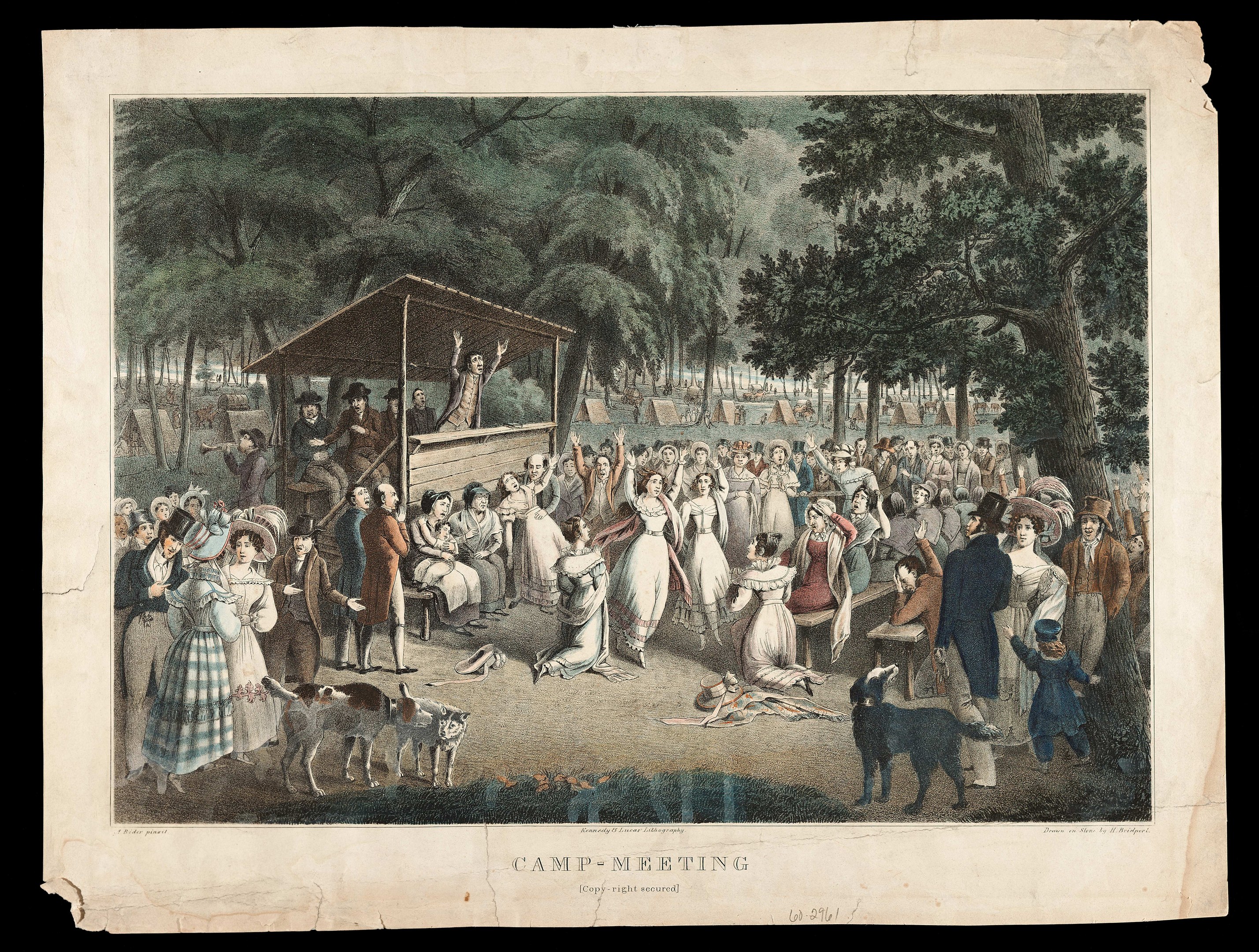 Gruppe von Menschen im Park mit Bäumen im Hintergrund und einer Hütte im Vordergrund, mit 'Camp Meeting'-Text unten.