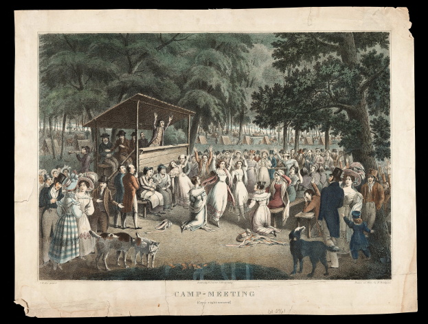 Gruppe von Menschen im Park mit Bäumen im Hintergrund und einer Hütte im Vordergrund, mit 'Camp Meeting'-Text unten.