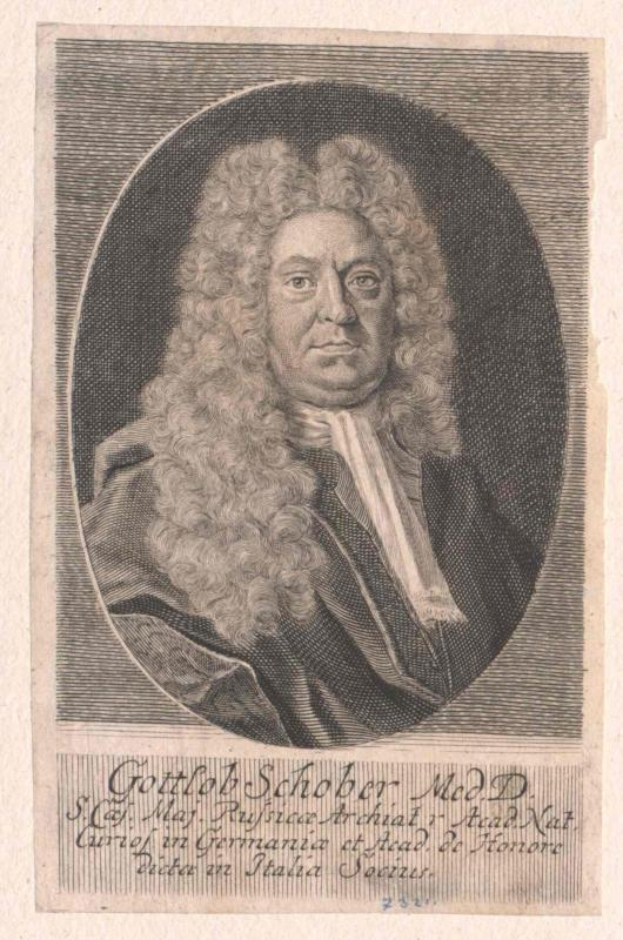 Ein Gravurporträt eines Mannes mit langen lockigen Haaren, der ein weißes Hemd trägt und einen ernsten Gesichtsausdruck hat, identifiziert als Gottlieb Schober.
