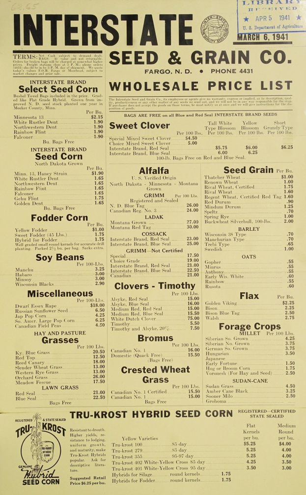 Papier mit "Interstate Seed & Grain Co. Wholesale Price List" oben, Logo darüber und handschriftlich aufgeführte Einkaufsliste darunter.