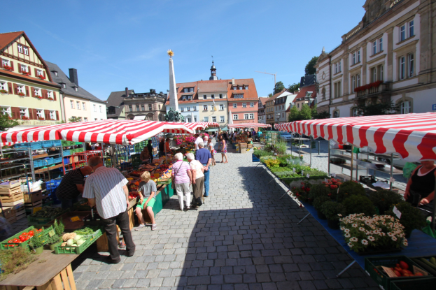Ein belebter Markt im alten Stadtkern von Heidelberg, Deutschland, mit Menschen, die spazieren gehen, auf Bänken sitzen und in der Nähe von Zelten, Tischen mit Körben voller Gemüse und Gebäuden mit Fenstern, Bäumen und einem klaren blauen Himmel stehen.