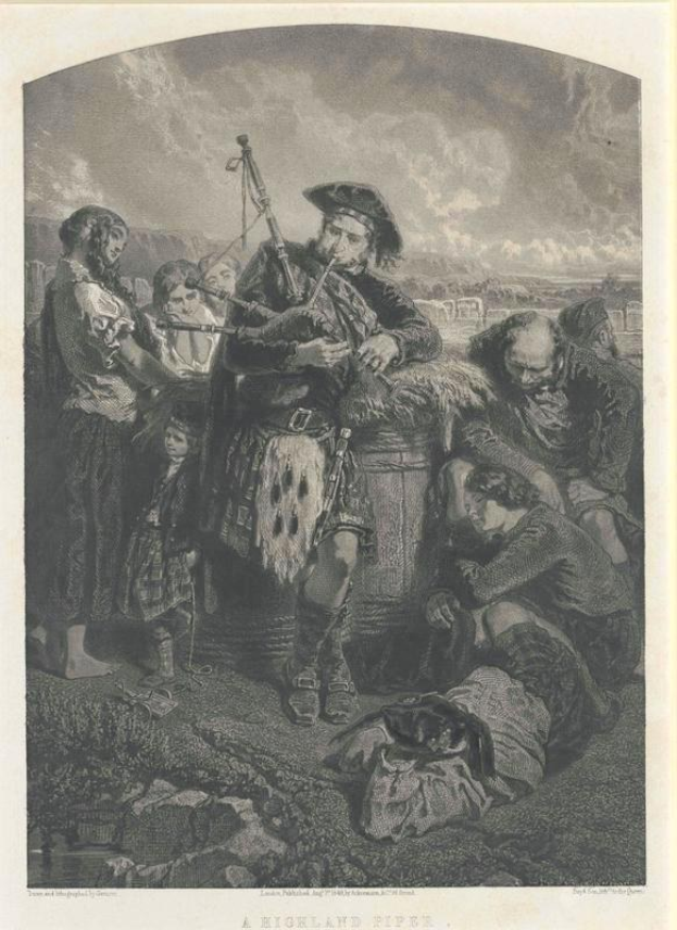 Schwarze und weiße Gravur eines Mannes, der eine Dudelsackpfeife vor einer Gruppe von Menschen unter einem bewölkten Himmel spielt, mit Text unten, der "Ein Highland Pipe" lautet.