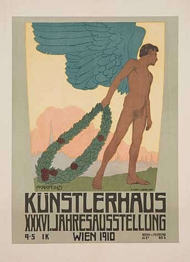 Deutsches Propagandaplakat aus dem Jahr 1910 mit einem geflügelten Mann in einem Kranz, mit ausgestreckten Armen und der Schrift "Künstlerhaus Wien 1910" darüber.