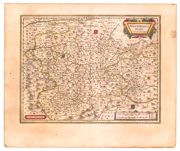 Eine alte Karte von Westfalen, Deutschland, mit den Provinzen des Königreichs England und Wales deutlich sichtbar, auf Papier gedruckt mit detailliertem Text über die Region.