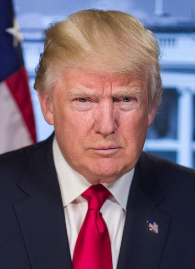 Ein Nahaufnahme eines Mannes in Anzug und Krawatte vor einer amerikanischen Flagge, bei dem es sich mutmaßlich um Präsident Donald Trump handelt, mit einem unscharfen Hintergrund.