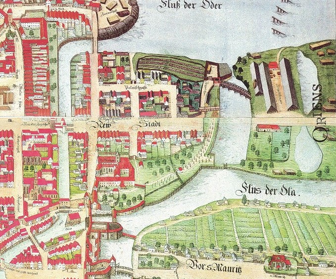Ein detaillierter alter Stadtplan von Stuttgart, Deutschland, der Straßen, Gebäude, Bäume, Wasser und Text enthält, der Informationen über die Bevölkerung, Geschichte und Kultur der Stadt bereitstellt.