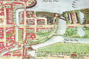 Ein detaillierter alter Stadtplan von Stuttgart, Deutschland, der Straßen, Gebäude, Bäume, Wasser und Text enthält, der Informationen über die Bevölkerung, Geschichte und Kultur der Stadt bereitstellt.