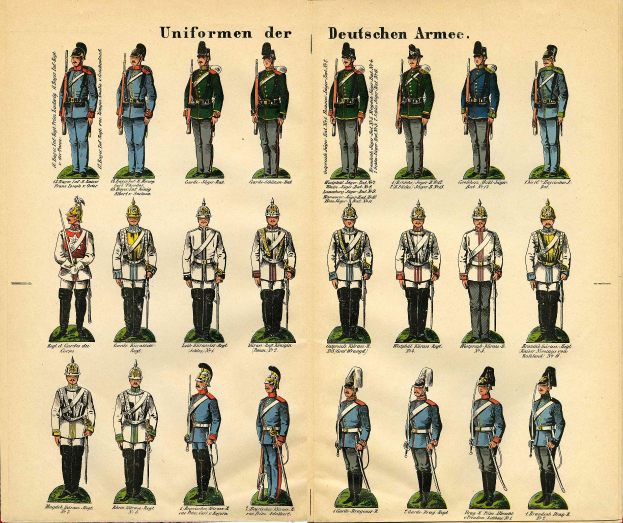 Ein Buch, das bunt gefärbte Militäruniformen der deutschen Armee mit detaillierten Elementen wie Helmen, Gewehren und anderen Waffen zeigt.