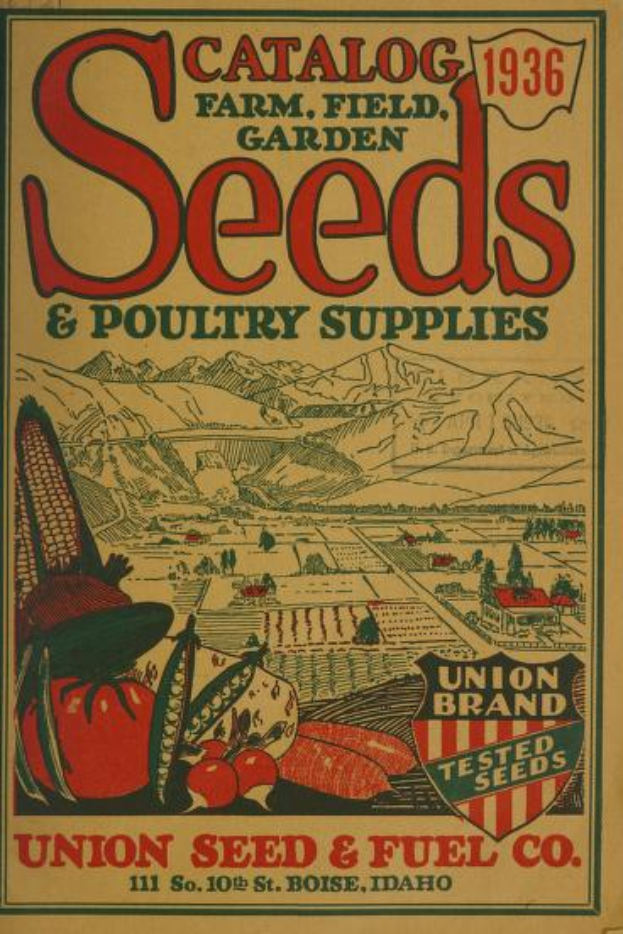 Ein Katalogdeckel von 1936 von Union Seed & Fuel Co. mit Text und Bildern verschiedener Gemüse.