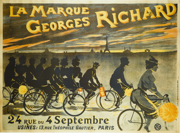Ein Plakat, das ein Fahrradrennen in Paris, Frankreich, ankündigt, mit einer Gruppe von Radfahrern und dem Eiffelturm im Hintergrund, einschließlich Text über das Ereignis.