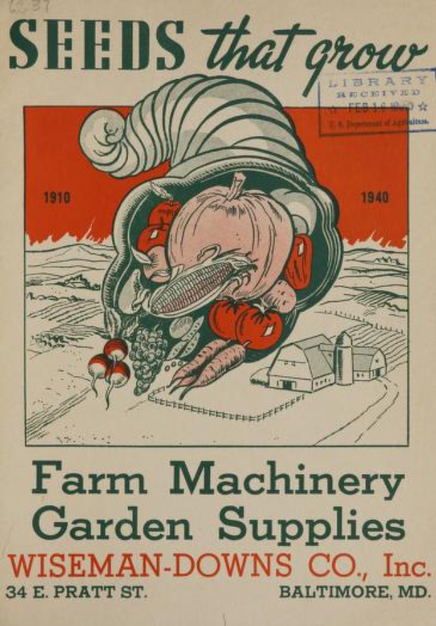 Ein Vintage-Plakat von Wiseman-Downs Co., Inc. mit verschiedenen Landmaschinen und Gartenzubehör, einschließlich Samen, mit beschreibendem Text.