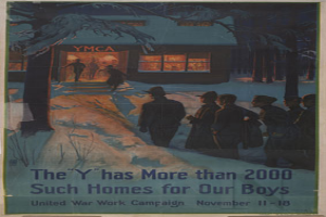 Ein Plakat an einer Wand mit dem Text 'Der Y hat mehr als 2000 solcher Heime für unsere Jungs' und ein Bild einer Gruppe von Menschen vor einem von Bäumen umgebenen Haus.