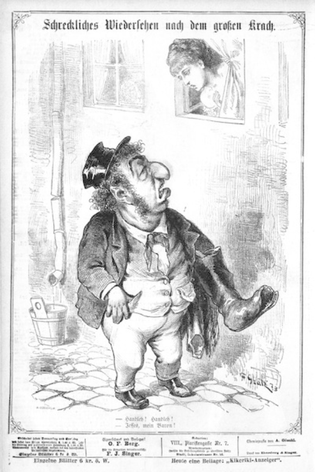 Cartoon eines Mannes mit Zylinder und einer Frau in einem Kleid neben einer Wand mit einem Fenster und einem Eimer, mit Text unten, der lautet: "F. J. Singer, der erste deutsche Politiker, der in den Kongress gewählt wurde."