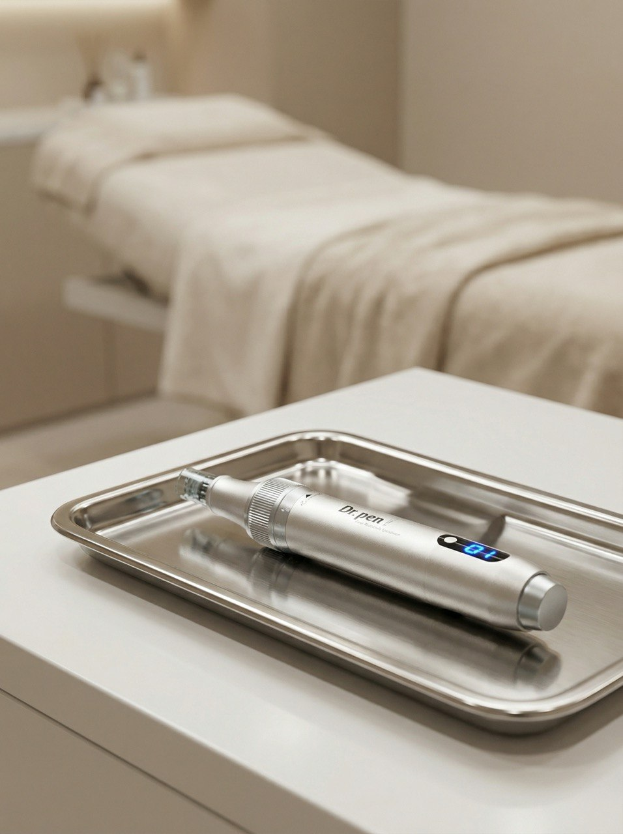Ein professionelles Microneedling-Gerät auf einem sterilen Untergrund in einem modernen Kosmetikstudio.
