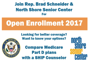 Plakat zur Ankündigung eines offenen Enrollment-Events mit dem Kongressabgeordneten Brad Schneider und dem North Shore Senior Center, einschließlich ihres Logos.