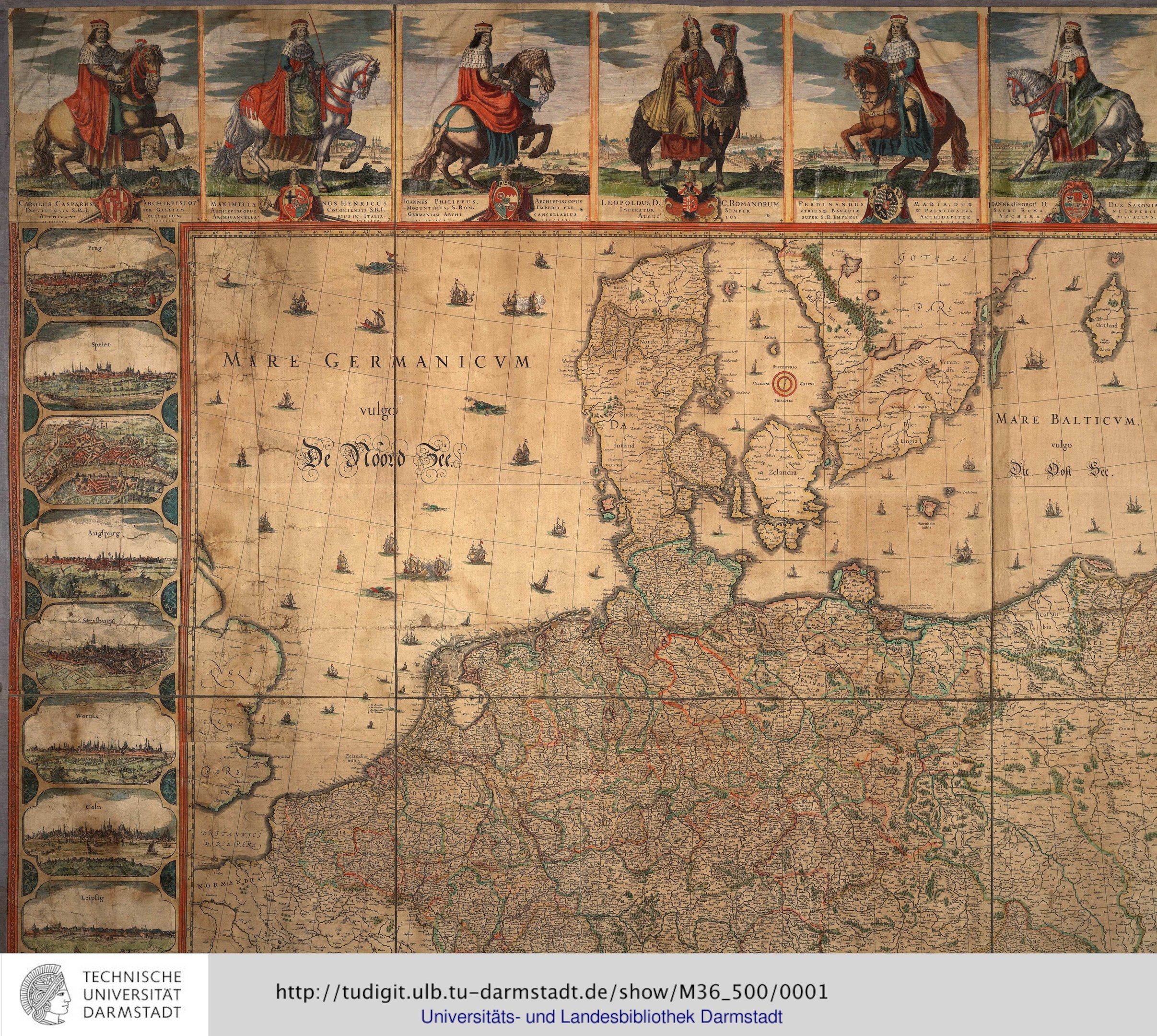 Eine detaillierte Deutschlandkarte mit einer Gruppe von Menschen in traditioneller Kleidung, die im Hintergrund auf Pferden reiten, und Text unten.