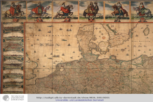 Eine detaillierte Deutschlandkarte mit einer Gruppe von Menschen in traditioneller Kleidung, die im Hintergrund auf Pferden reiten, und Text unten.