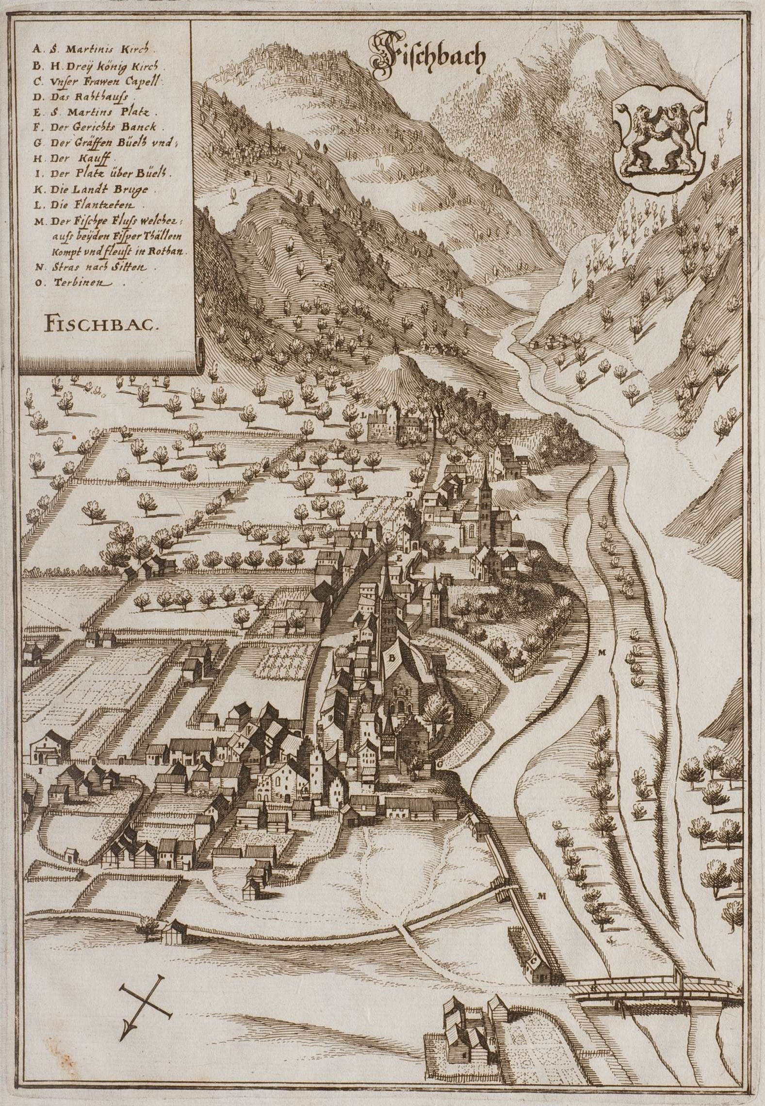 Ein altes Fischbach-Karte von Deutschland, das H├Ąuser, B├Ąume, H├╝gel, einen gewundenen Fluss, Text und ein Logo zeigt.