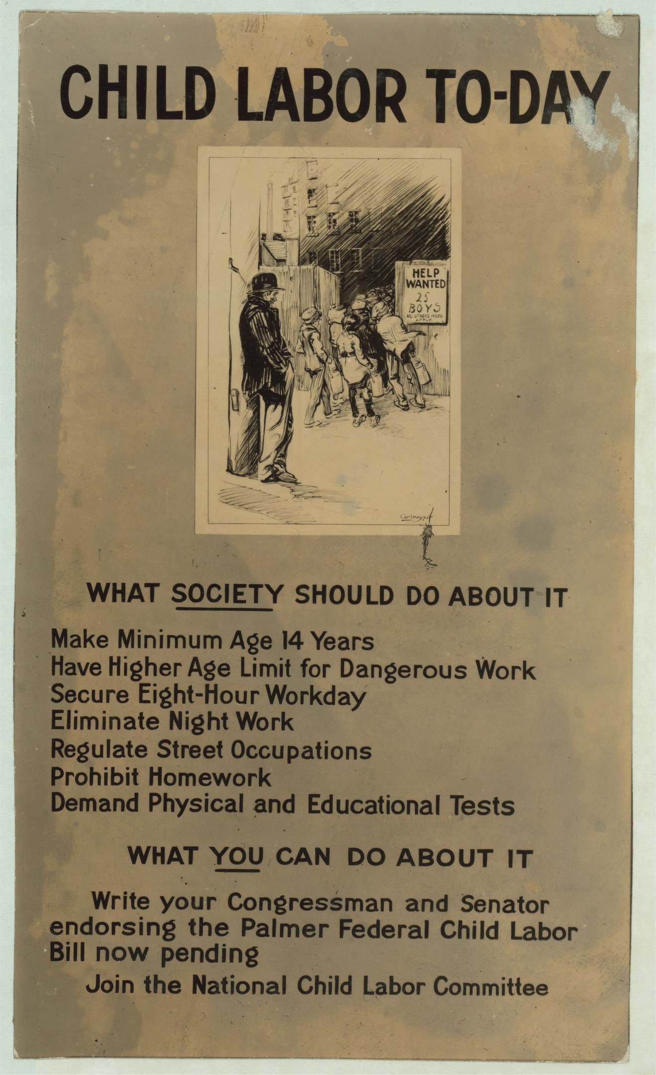 Plakat mit der Aufschrift "Kinderaertzte heute: Was die Gesellschaft dagegen tun sollte" mit einer Person im Anzug mit entschlossener Miene vor schwarzem Text auf einem weißen Hintergrund.