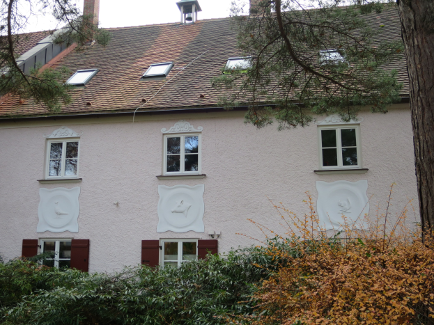 Ein weißes Haus mit roten Fensterläden, mehreren Fenstern und einem Baum davor, umgeben von grünen Pflanzen unter einem strahlend blauen Himmel.