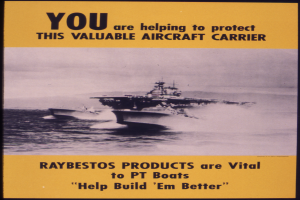Ein Plakat mit einem Schiff und Booten auf Wasser mit der Aufschrift "Raybestos Produkte sind wichtig für PT-Boote".