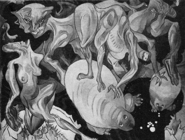 Schwarzes und weißes Bild aus dem Jahr 1938 von KÜNSTLER, das eine Gruppe von Tieren einschließlich eines Löwen, einer Giraffe, eines Zebras und eines Flusspferds in einem dunklen, mysteriösen Raum mit zusätzlichem Text zeigt.