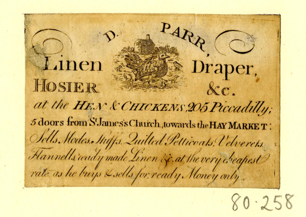 Eine Visitenkarte mit einer realistischen Illustration eines Huhns mit sichtbaren Federn und Schnabel, begleitet von Text.