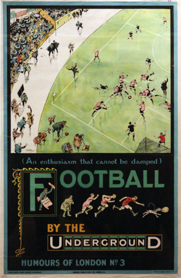 Ein Vintage-Plakat, das ein Fußballspiel bewirbt, betitelt mit "Football by the Underground - Humours of London No. 3", zeigt eine Zuschauermenge in einem Stadion.