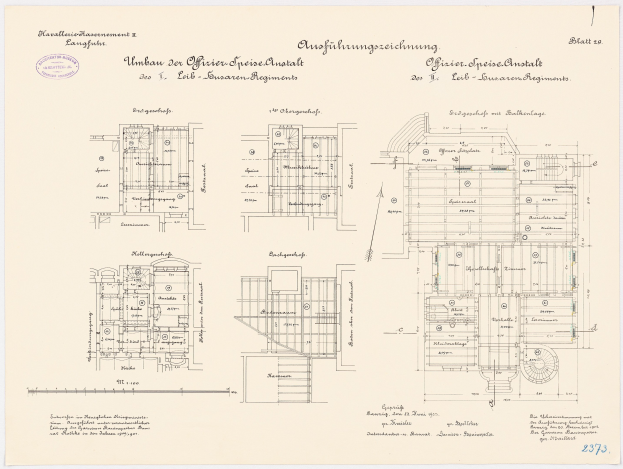 Ein detailliertes architektonisches Grundriss-Zeichnung des ehemaligen Büros des deutschen Bundeskanzlers, das den Gebäudeaufbau mit Text und Diagrammen zeigt.