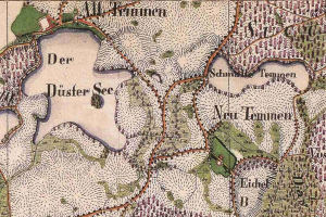 Ein detaillierter alter Stadtplan von Düsseldorf, Deutschland, der Straßen, Gebäude, Sehenswürdigkeiten und Text mit Informationen zur Bevölkerungszahl, Bevölkerungsdichte und Lage der Stadt zeigt.