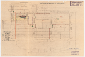 Schwarz-weißer Architekturplan des Rosenhof-Krankenhauses in Hamburg, Deutschland, der detaillierte Layout mit zahlreichen Drähten zeigt, die elektrische oder strukturelle Plane darstellen, sowie begleitenden handgeschriebenen Text.