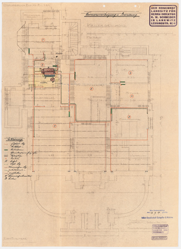 Schwarz-weißer Architekturplan des Rosenhof-Krankenhauses in Hamburg, Deutschland, der detaillierte Layout mit zahlreichen Drähten zeigt, die elektrische oder strukturelle Plane darstellen, sowie begleitenden handgeschriebenen Text.