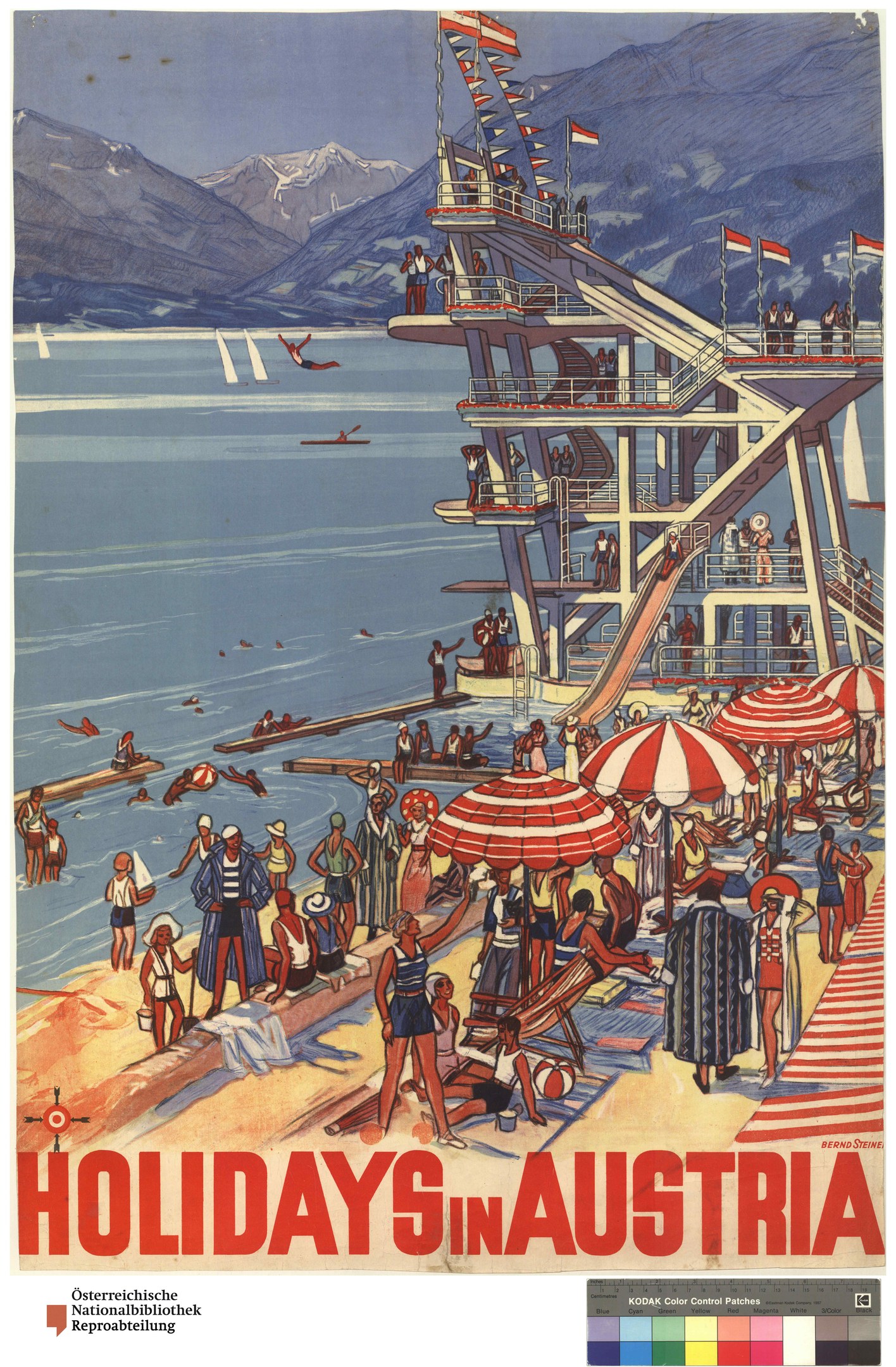 Plakat für Österreich-Urlaub mit Menschen am Strand mit Schirmen, einem Schiff im Hintergrund, Fahnen und fernen Bergen.