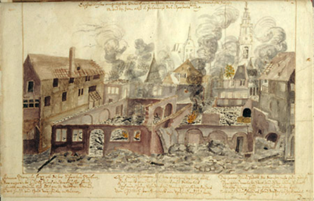 Ein altes Buch mit einer detaillierten Illustration einer Stadt in Trümmern, das die Auswirkungen der Belagerung von Leipzig zeigt, mit zerstörten Gebäuden, Rauch und Text.